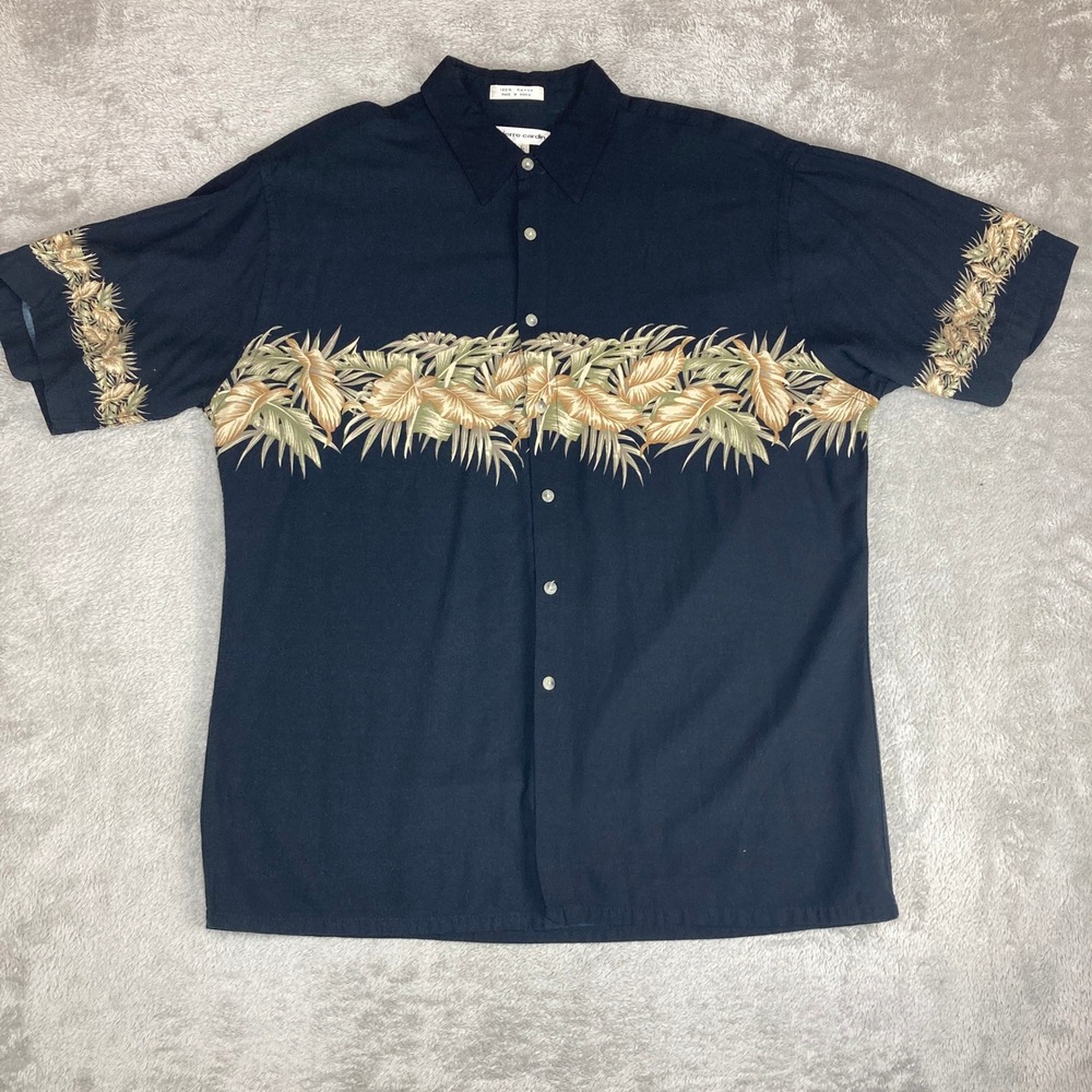 Vintage Pierre‎ Cardin Shirt Mens L Black Rayon Tropical Leaf Print Short Sleeve